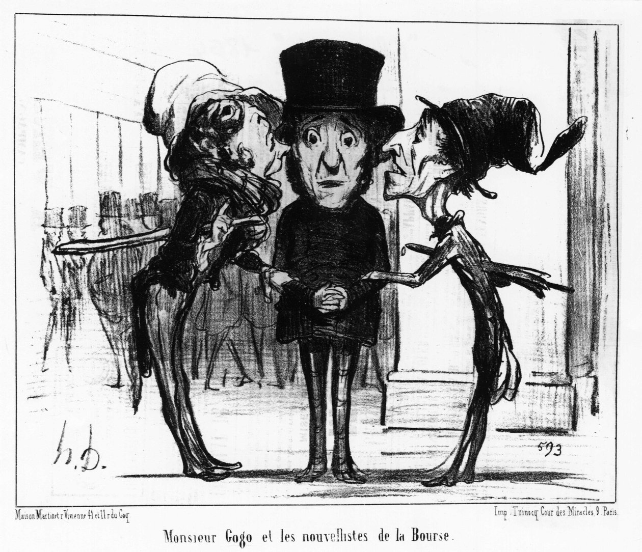 Monsieur Gogo och börsens nyhetslistor: serie tecknade serier från "" News", på börsen och en gogo av Honore Daumier (1808-1879). “Charivari” av Honoré Daumier