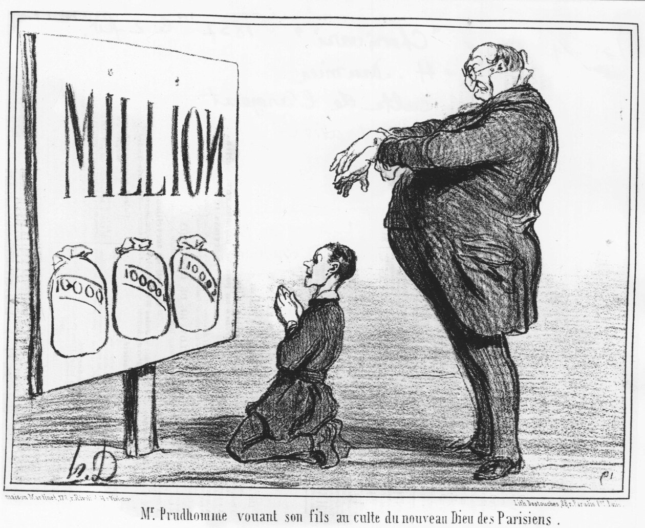 Monsieur Prudhomme som tillägnar sin son till kulten av Parisarnas nya gud: hämtat från "" News", en serie tecknade serier om silverkulten av Honore Daumier (1808-1879). Charivari av Honoré Daumier