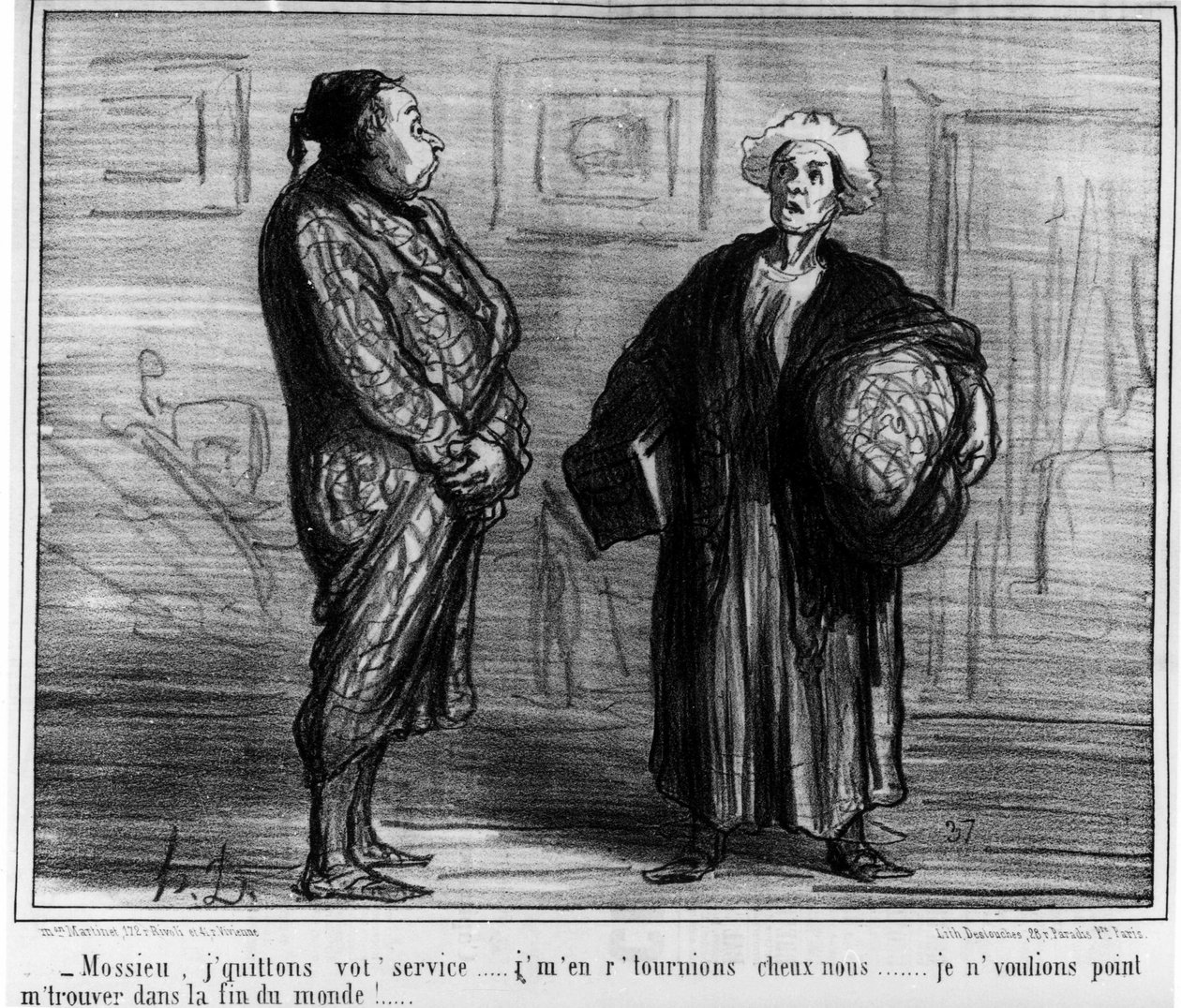 Mossieu, jag lämnar din tjänst... Jag ville inte vara i världens ände!... Tecknad av Honore Daumier (1808-1879). “Charivari” av Honoré Daumier