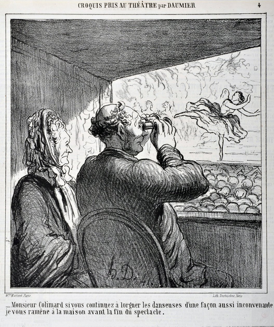 Mr. Colimard, om du fortsätter att titta på dansarna på ett så olämpligt sätt, tar jag dig hem innan showen slutar. Gravyr av Honore Daumier (1808-1879) i "" Le Charivari"". Arkstorlek: 24,6x36cm. Palais Longchamp, Musee des Beaux Arts de Mar av Honoré Daumier