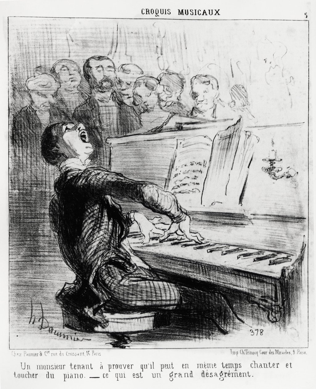 Musikaliska sketcher: en gentleman som är angelägen om att bevisa att han samtidigt kan sjunga och röra pianot, vilket är mycket skamligt. Illustration av Honore Daumier (1808-1879), publicerad i "" Charivari", daterad 17 februari 1852. av Honoré Daumier