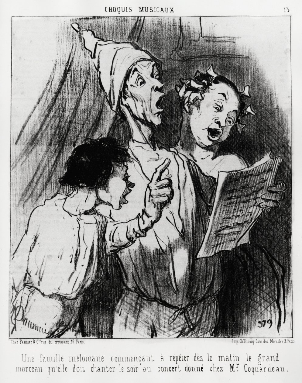 Musikaliska sketcher: en meloman familj som på morgonen började upprepa den stora sången de var tvungna att sjunga på kvällen på konserten gav till Mr. Coquardeau. Illustration d