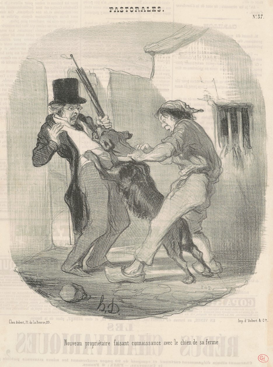 Ny ägare lär känna hunden... av Honoré Daumier