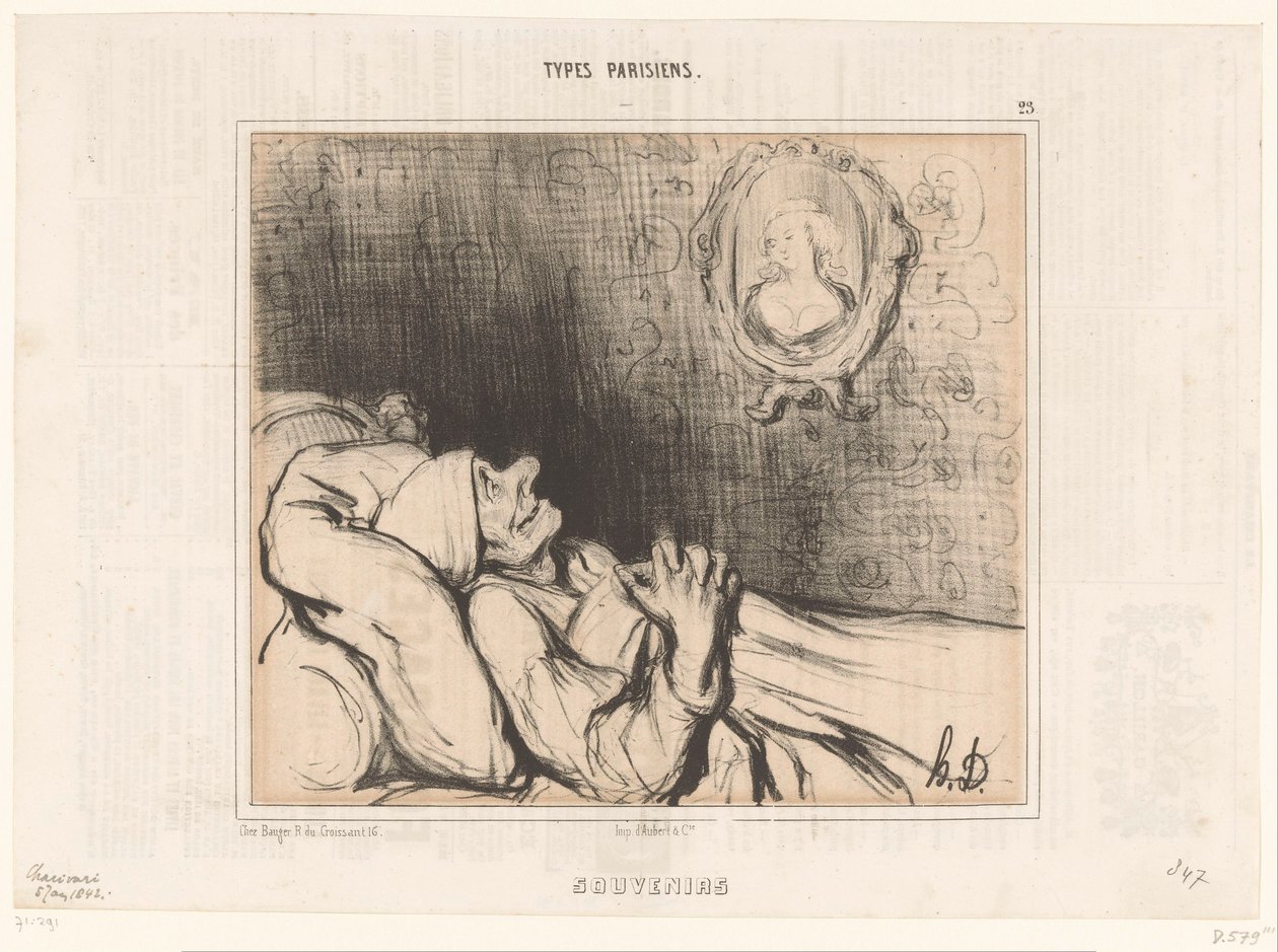 Gammal man i sängen stirrar på porträtt av ung kvinna Souvenirer (titel på objekt) Parisiska typer (serietitel) Typer Parisiens (serietitel på objekt) av Honoré Daumier