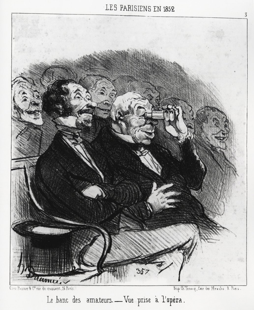 Parisare 1852: amatörernas bänk, vy från operan. Illustration d