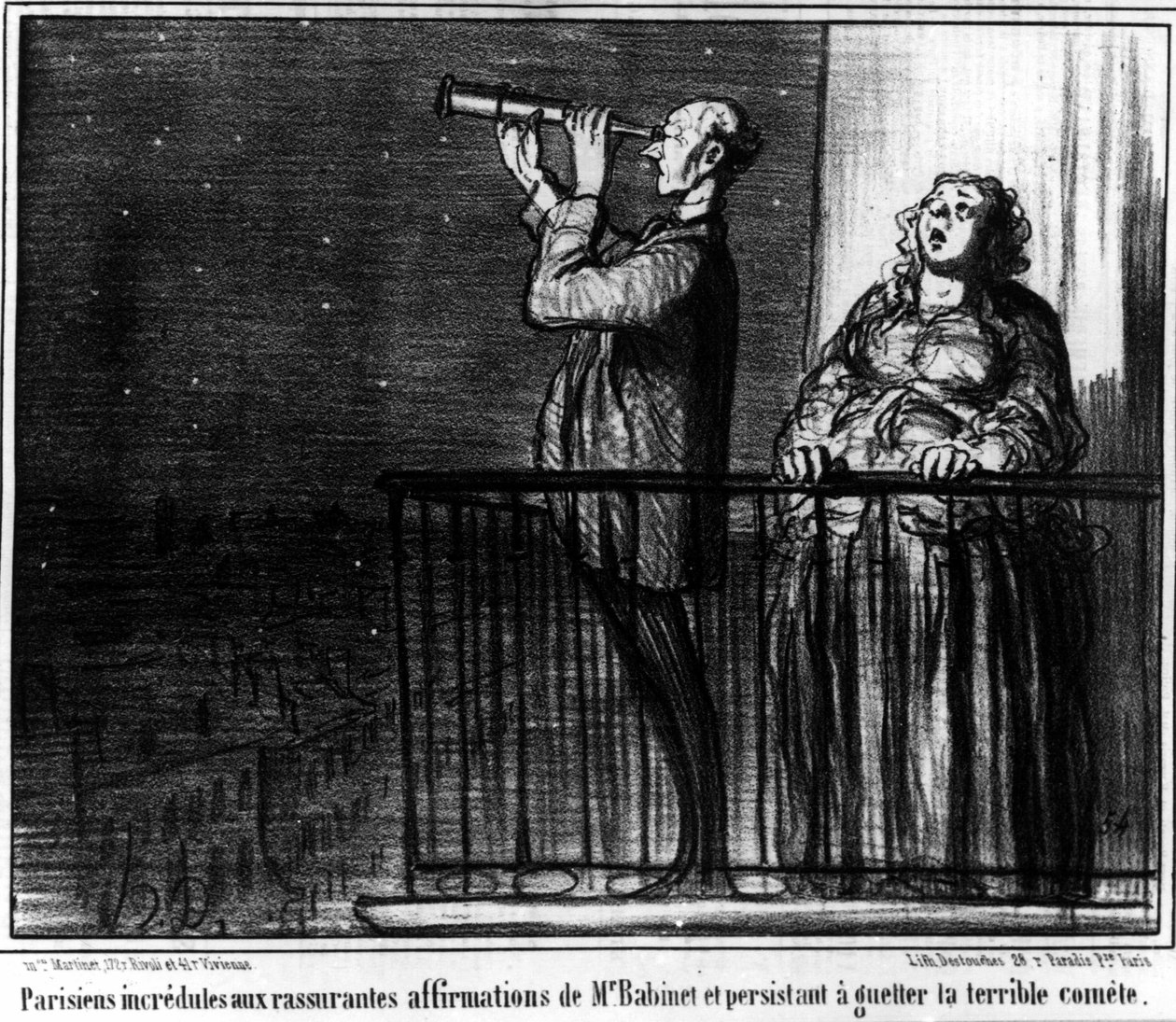 Parisare som inte tror på Monsieur Babients lugnande försäkringar och som envisas med att hålla utkik efter den fruktansvärda kometen, karikatyr av Honore Daumier (1808-1879). "Charivari". av Honoré Daumier