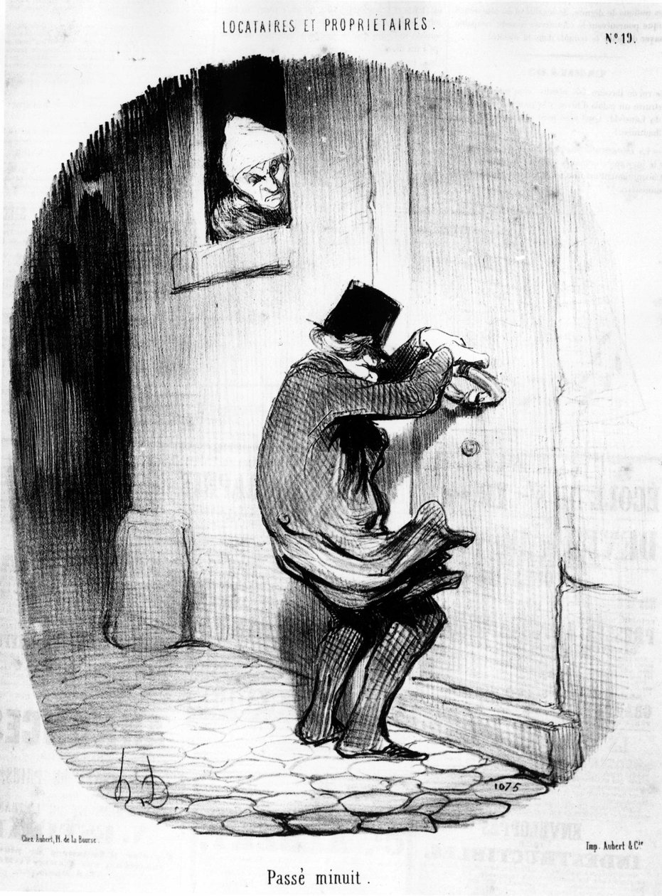 Passerade midnatt. man som återvänder sent till hyresgästen, från "" Tenants et Owners", tecknad serie av Honore Daumier (1808-1879). “Charivari” av Honoré Daumier