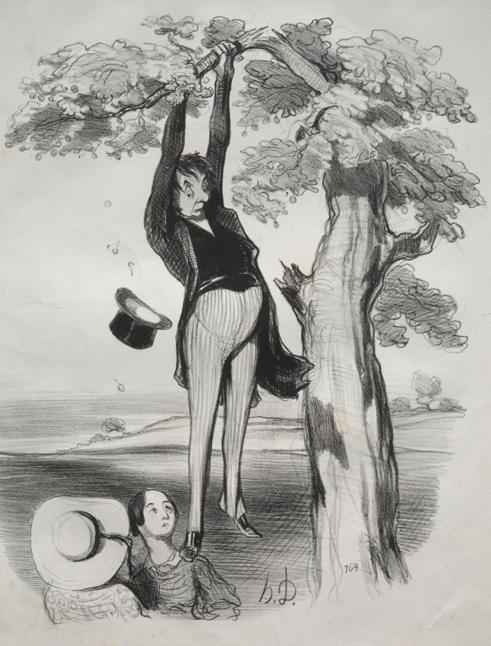 Pastorales, skylt 2: Farorna med att skaka ett plommonträd för kraftigt..., 1845. av Honoré Daumier