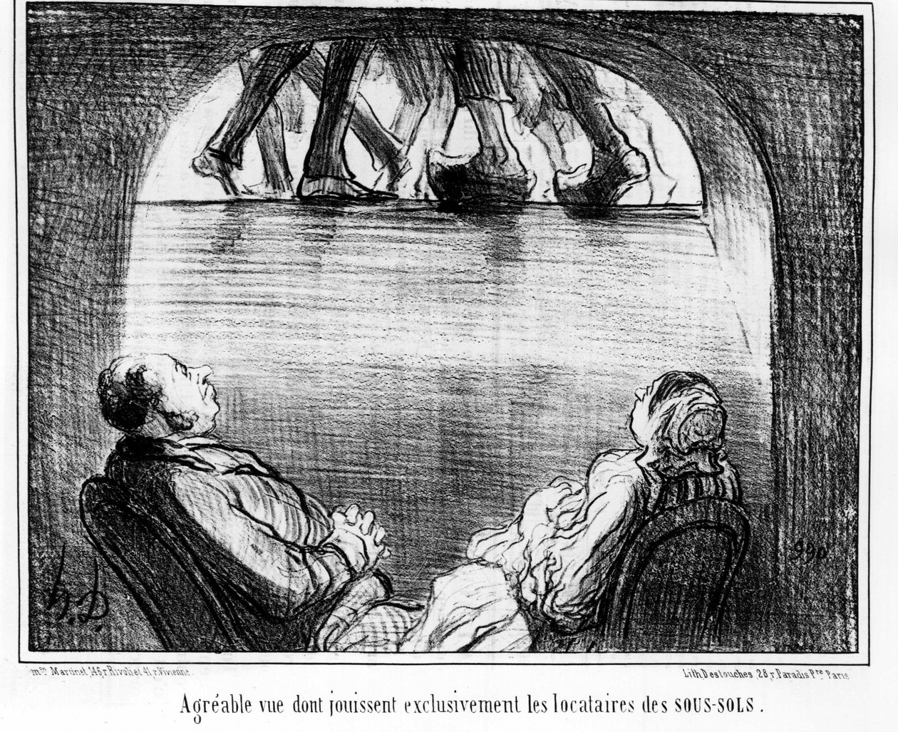 Trevlig utsikt som uteslutande åtnjuts av hyresgästerna i källarlokalerna, hämtad från "" Tenants et Owners", tecknad serie av Honore Daumier (1808-1879). “Charivari” av Honoré Daumier
