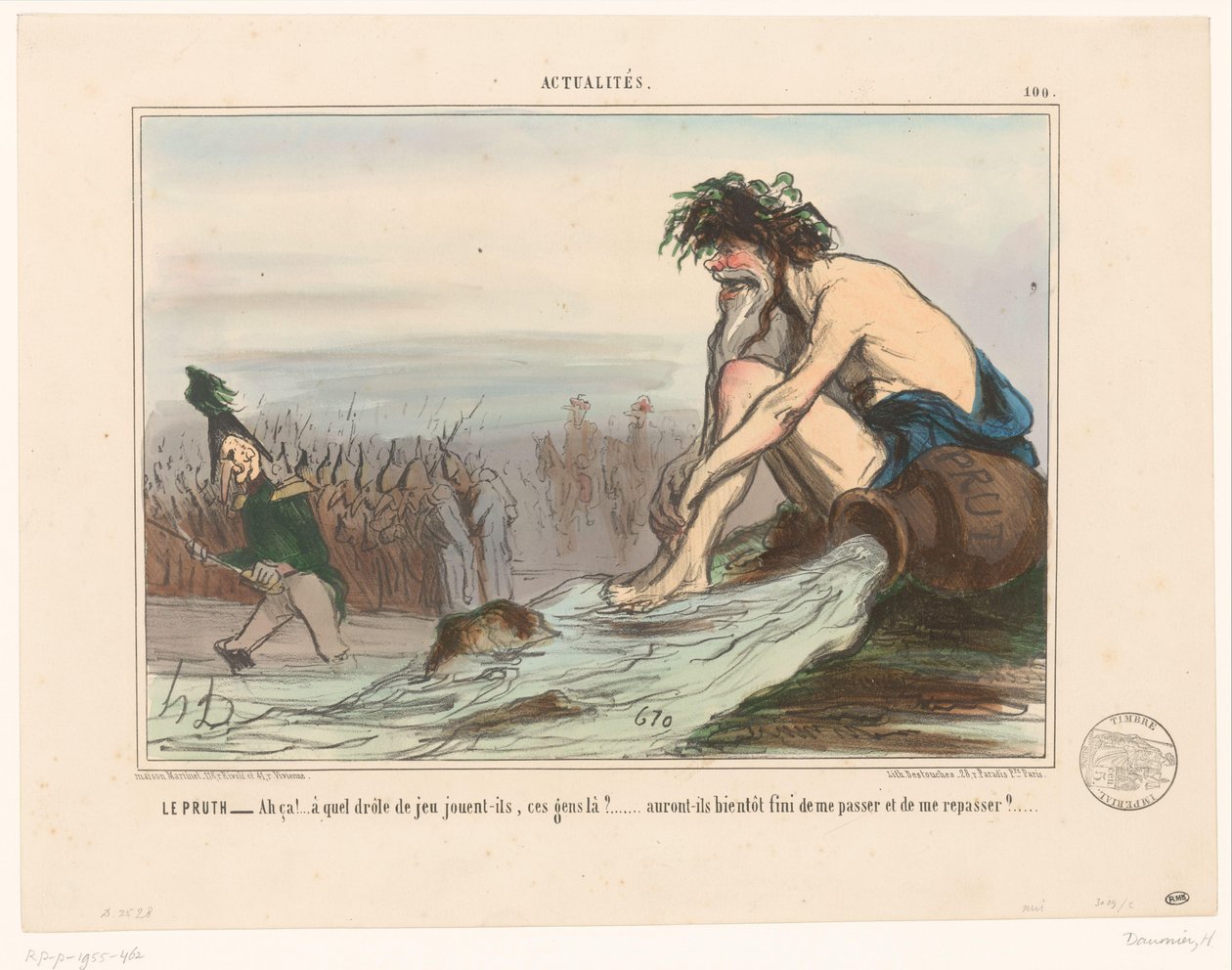 Flodguden tittar på ryska soldater Le Pruth (titel på objekt) Aktuellt (serietitel) Aktualiteter (serietitel på objekt) av Honoré Daumier