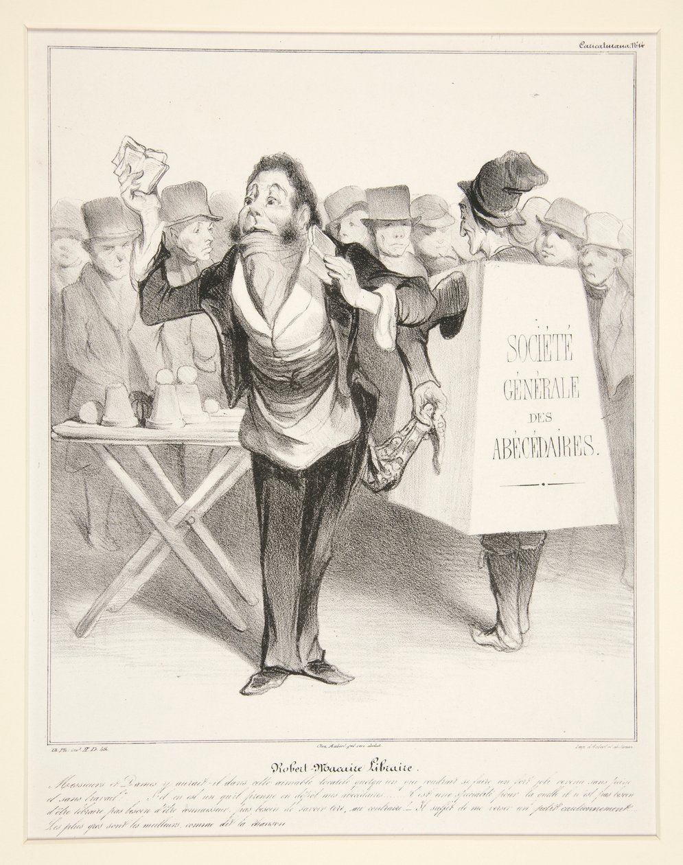 Robert-Macaire bokhandlare. (Robert Macaire bokhandlare.), pl. 14 från serien Caricaturana i albumet Les Robert Macaires av Honoré Daumier
