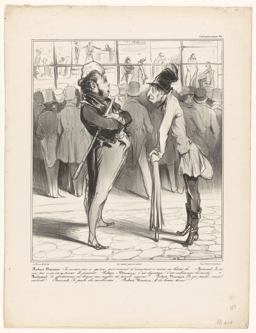 Robert-Macaire i samtal med Bertrand för fönstret i ett tryckeri Caricaturana (serietitel på objekt) av Honoré Daumier