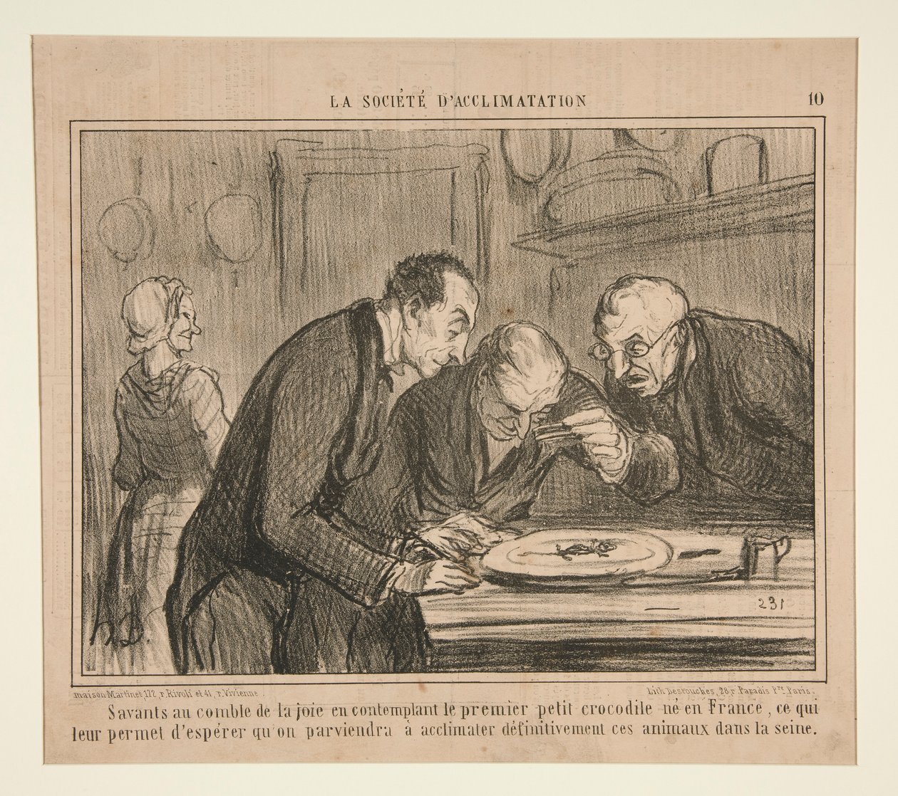Forskare på höjden av glädje överväger den första lilla krokodilen av Honoré Daumier
