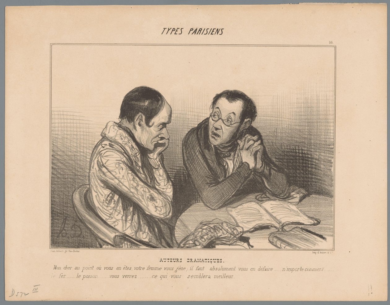 Writer råder kollega att bli av med sin fru Dramatiska författare (titel på objekt) Parisiska typer (serietitel) Typer Parisiens (serietitel på objekt) av Honoré Daumier