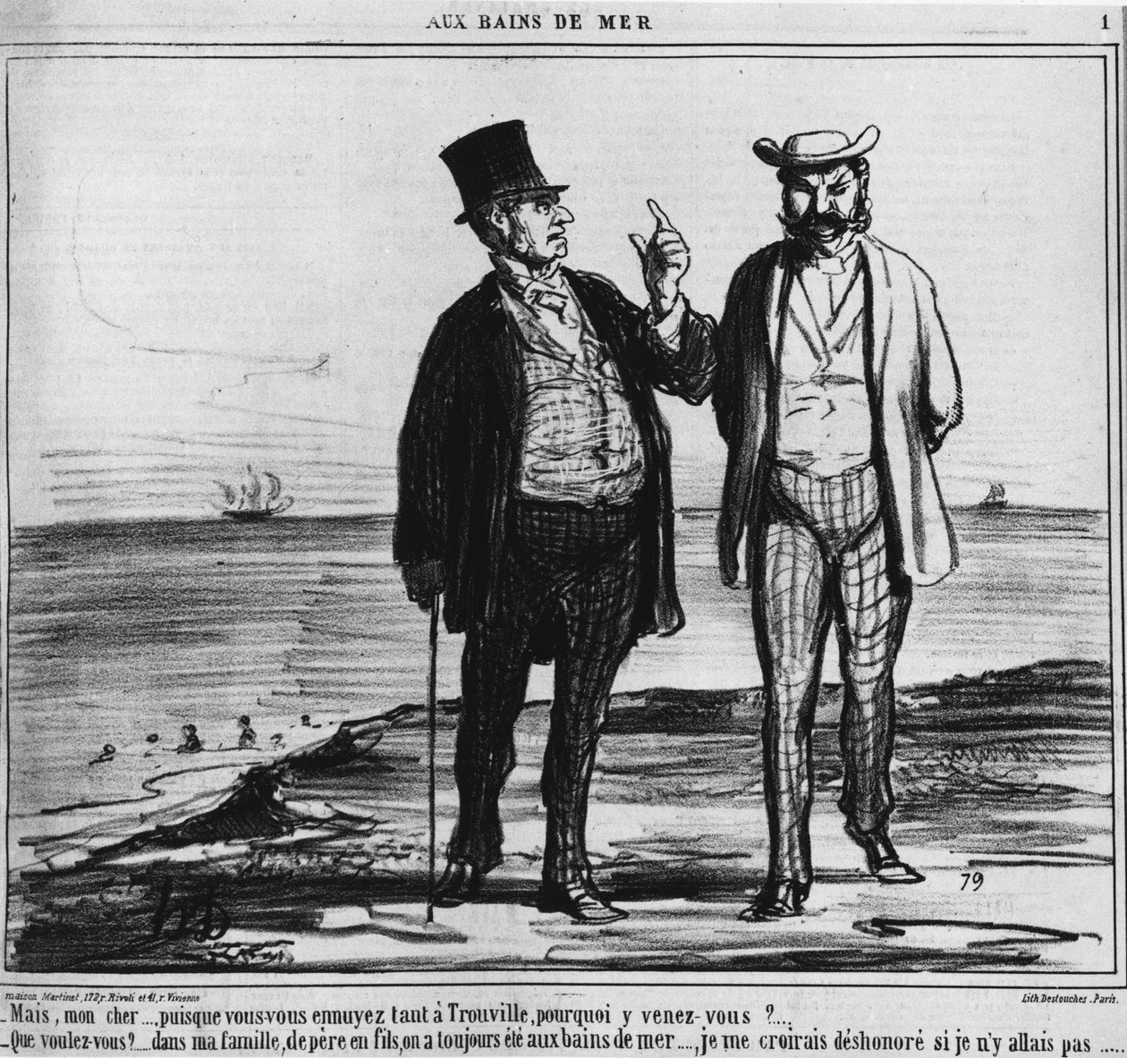 Havsbad: Parisare på en strand i Trouville med tyngden av traditioner och familjevanor - av Honore Daumier, i "" Charivari"" från 1859-08-25 av Honoré Daumier