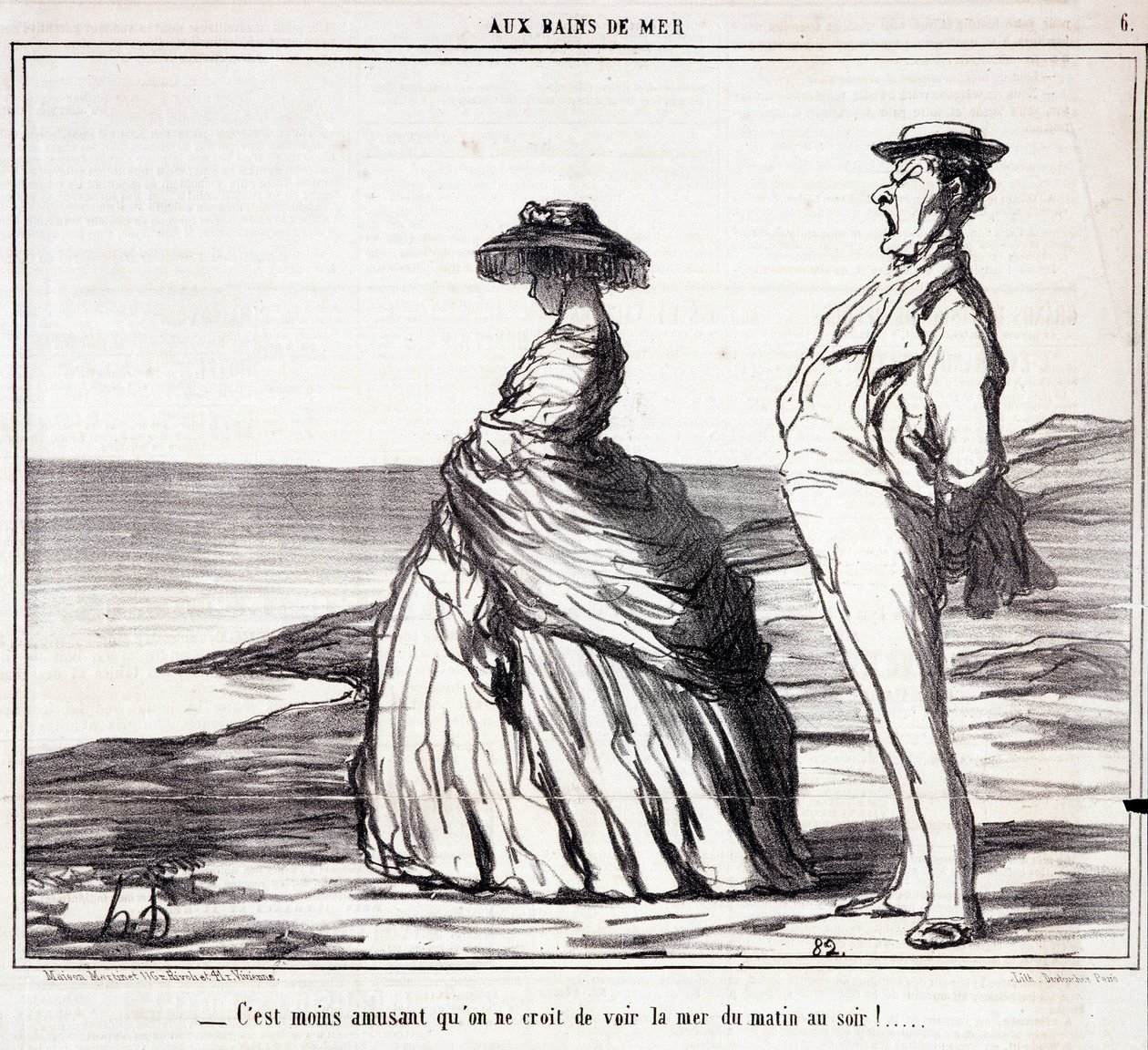 Serie “” Les Bains de Mer””: “” Det är mindre roligt än man tror att se havet från morgon till kväll! "" Tecknad film om turister på semester. Gravyr av Honore DAUMIER (1808-1879). Utdrag ur tidningen "" Le Charivari"" 9 september av Honoré Daumier