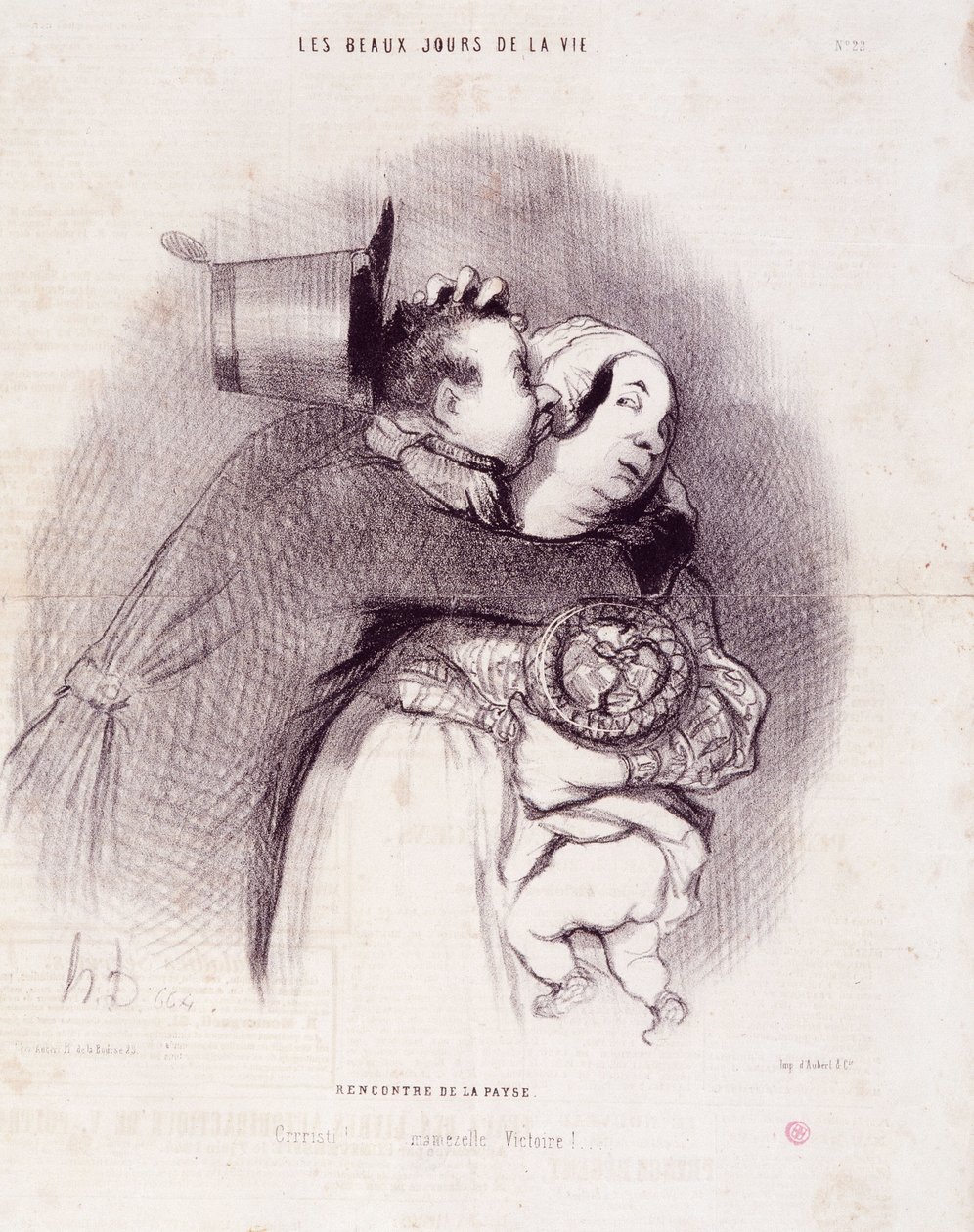 Serien "" The Beautiful Days of Life"": Möte av landet..."". Gravyr av Honore DAUMIER (1808-1879). Utdrag ur tidningen "" Le Charivari"" den 8 september av Honoré Daumier