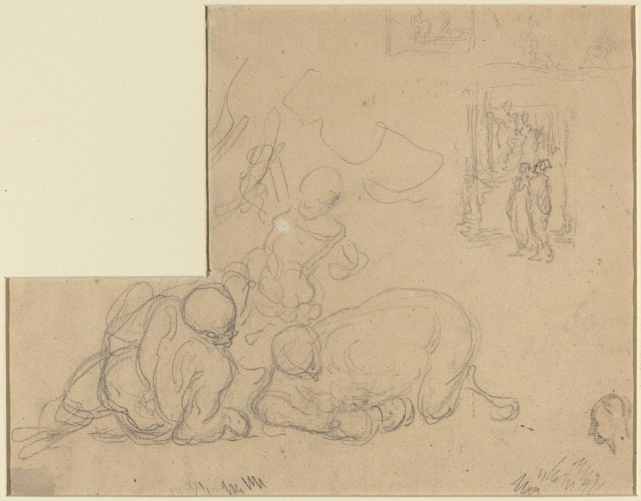 Studieark med två stora män på marken av Honoré Daumier