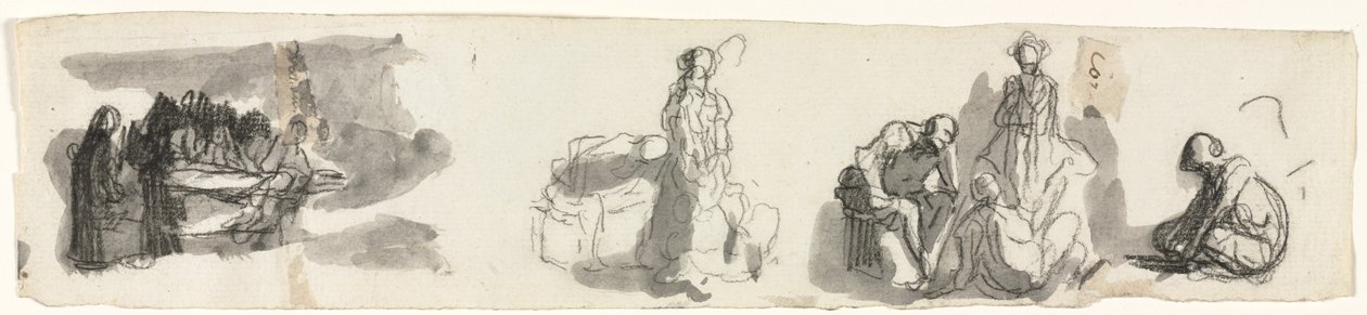 Studieark med en grupp av fyra figurer till höger (recto) av Honoré Daumier