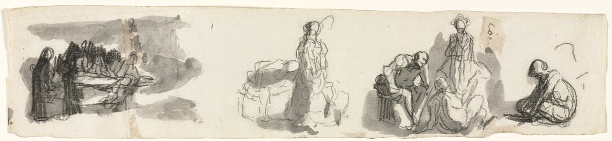 Studieark med en grupp av fyra figurer till höger recto Skisser av olika figurer vers av Honoré Daumier