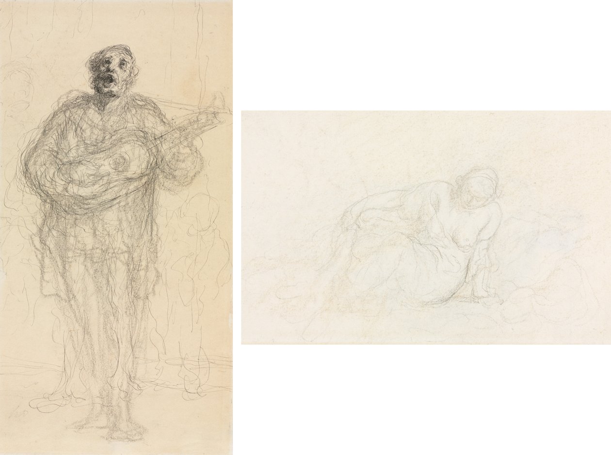 Sjungande gitarrist (rekto); Liggande kvinna lutad på sin arm (verso) av Honoré Daumier