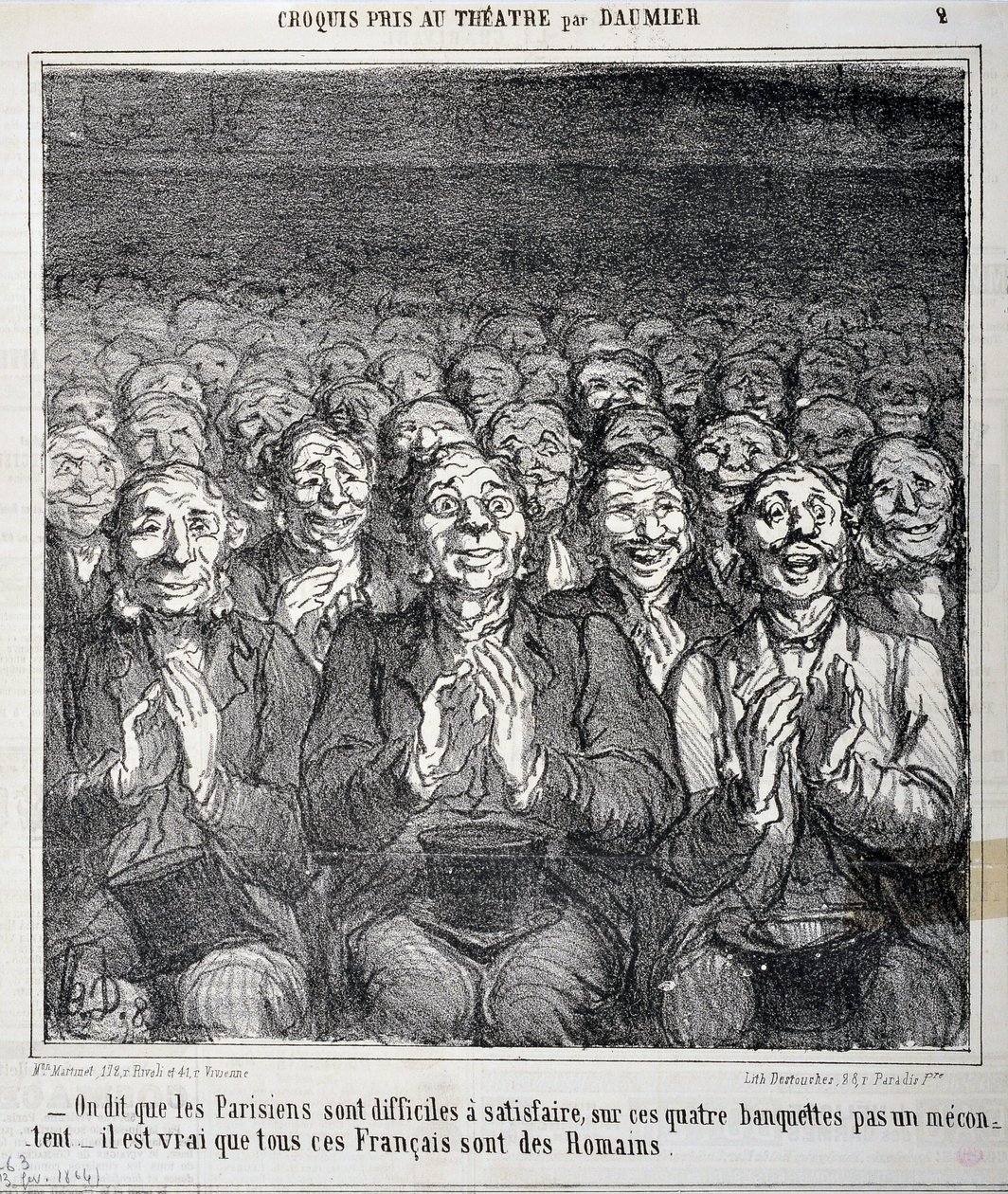 Skiss tagen på teatern: "" Det sägs att parisare är svåra att tillfredsställa på dessa fyra bänkar, inte ett nöje, det är sant att alla dessa fransmän är romare""" Gravyr av Honore Daumier (1808-1879) i "" Le Charivari ””. Palais Longchamp, Musee av Honoré Daumier
