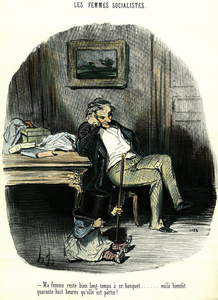 Socialistiska kvinnor Antifeministisk tecknad serie som visar en man som väntar med sitt barn på sin fru försvunnen i två dagar. Litografi av Honore Daumier (1808-1879) Privatsamling från 1800-talet av Honoré Daumier