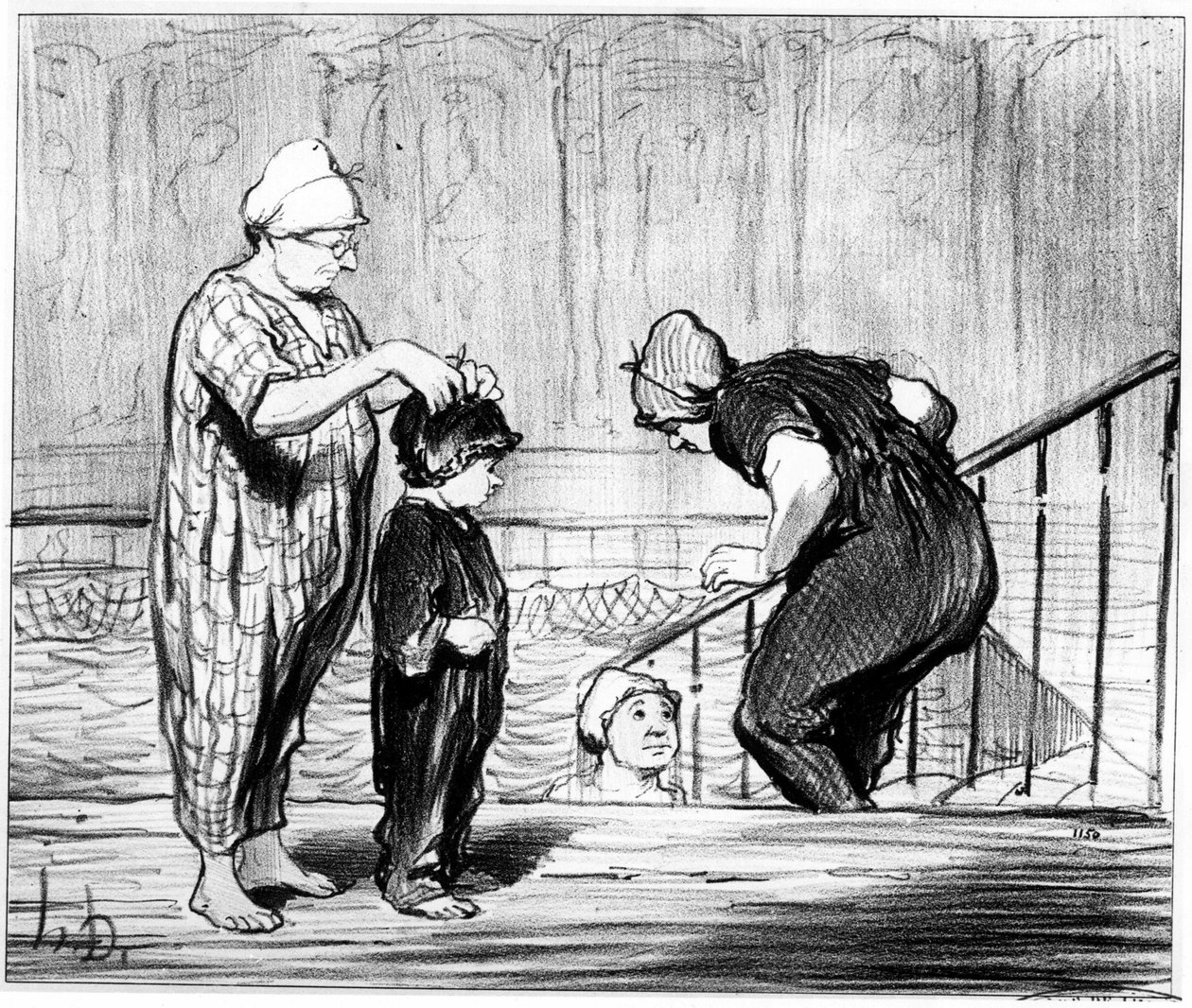 Simbassäng: illustration från serien "" Summer sketch"" med tecknade serier om simning och badet med fyra pennor av Honore Daumier (1808-1879). "Charivari", omkring 1850. av Honoré Daumier