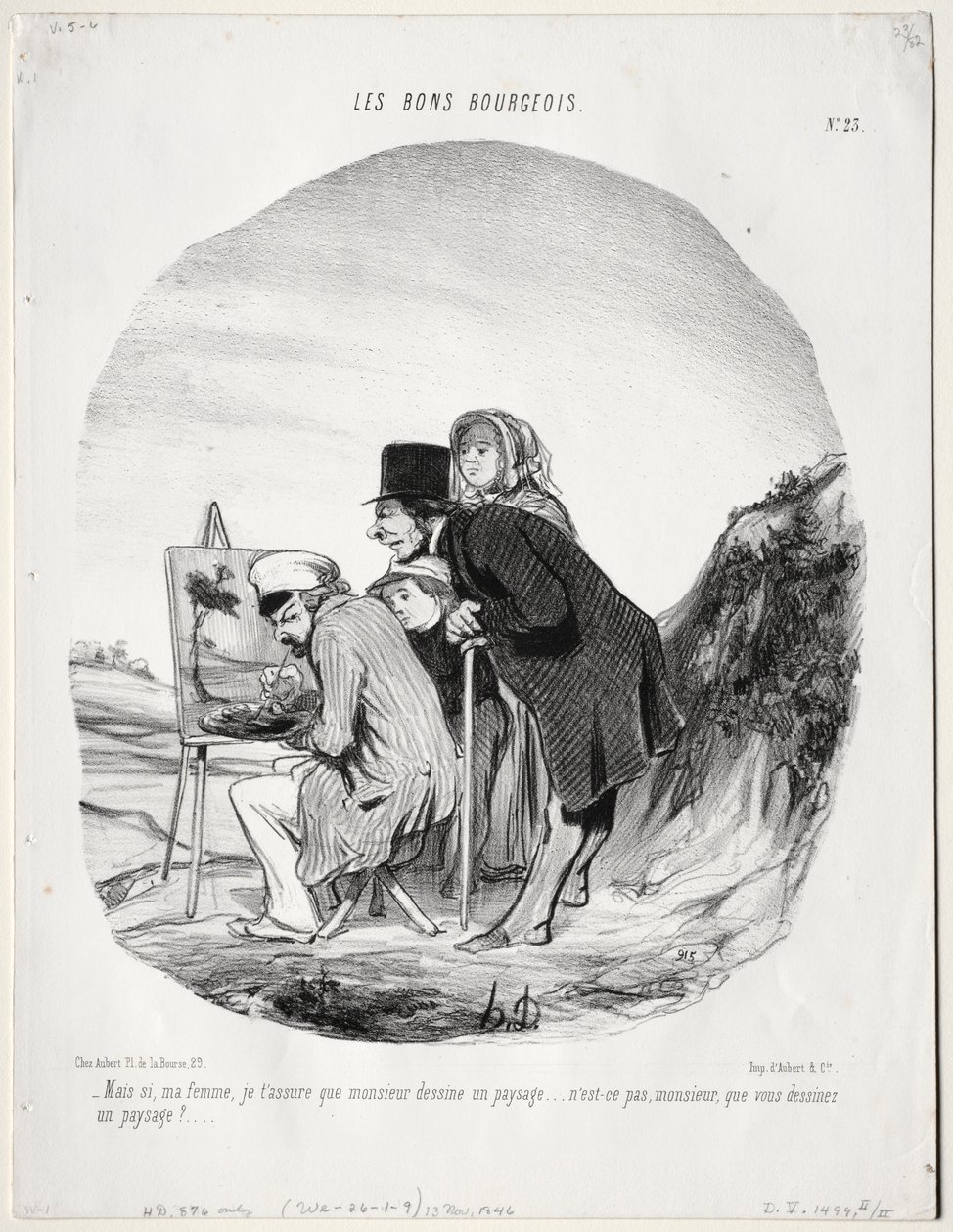 The Good Bourgeois, tavla 23: "Men ja, min kära, jag försäkrar dig att denna herre ritar ett landskap...är det inte så, sir, att du ritar ett landskap?" (Les bons bourgeios, planche 23: Mais si, ma femme...monsieur dessine un paysage..) av Honoré Daumier