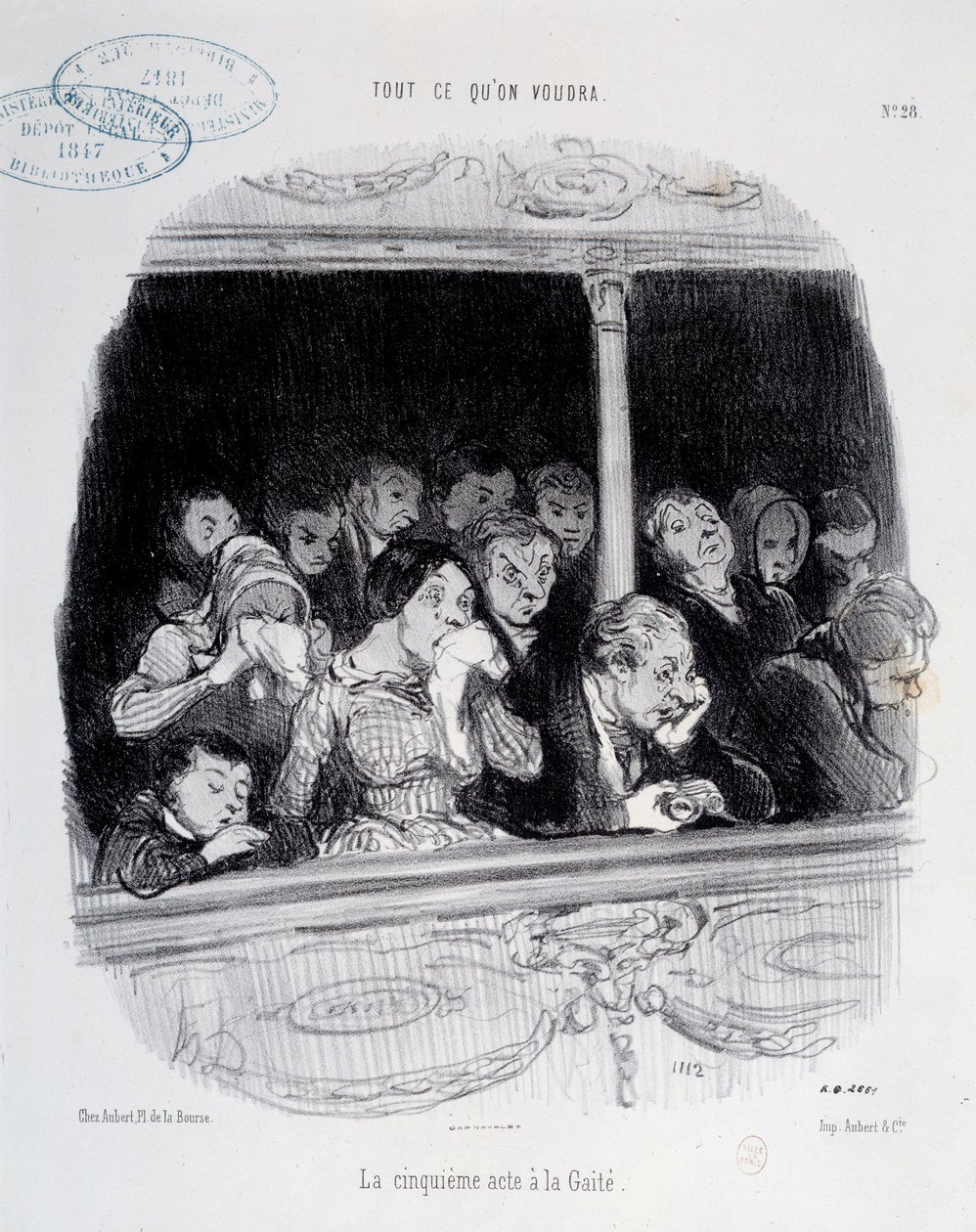 Den femte akten har Gaite Expressions av publikens ansikte under showen (tristess, trötthet, desinteret) Karikatyr av Honore Daumier (1808-1879). 1800-talsmuseet Carnavalet i Paris av Honoré Daumier