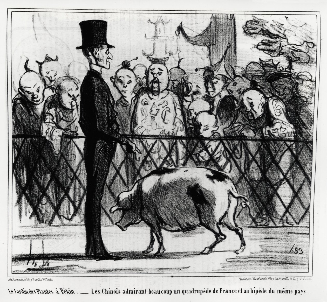 Växternas trädgård i Pekin: kineserna beundrar en fyrfoting av Frankrike och ett pip från samma land. Illustration av Honore Daumier (1808-1879), publicerad i "Charivari", China Actualites av Honoré Daumier