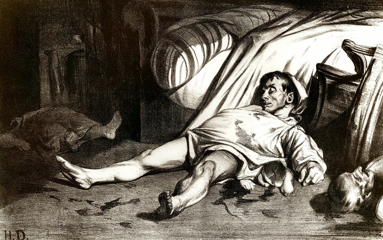 Massakern på Rue Transnonain den 14/04/1834: militären massakrerar invånarna i byggnaden 12 Rue Transnonain i Paris fängslade den efter döden av en av deras officerare - Litografi av Honore Daumier (1808-1879) 1837. Privat samling av Honoré Daumier