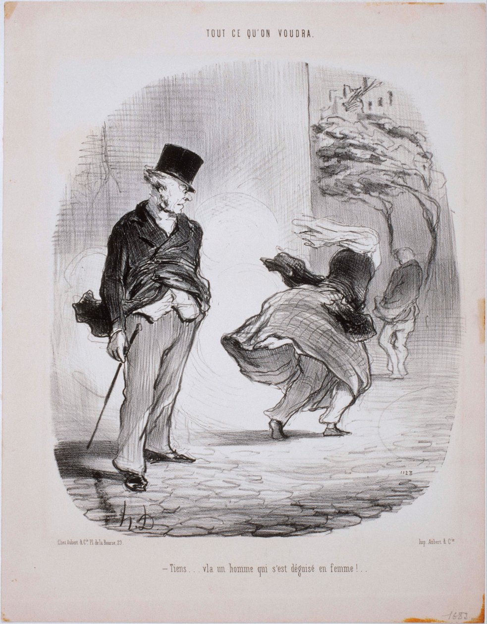 Vad vi än vill- Här ... Här kommer en man som förklädd sig till kvinna ... av Honoré Daumier