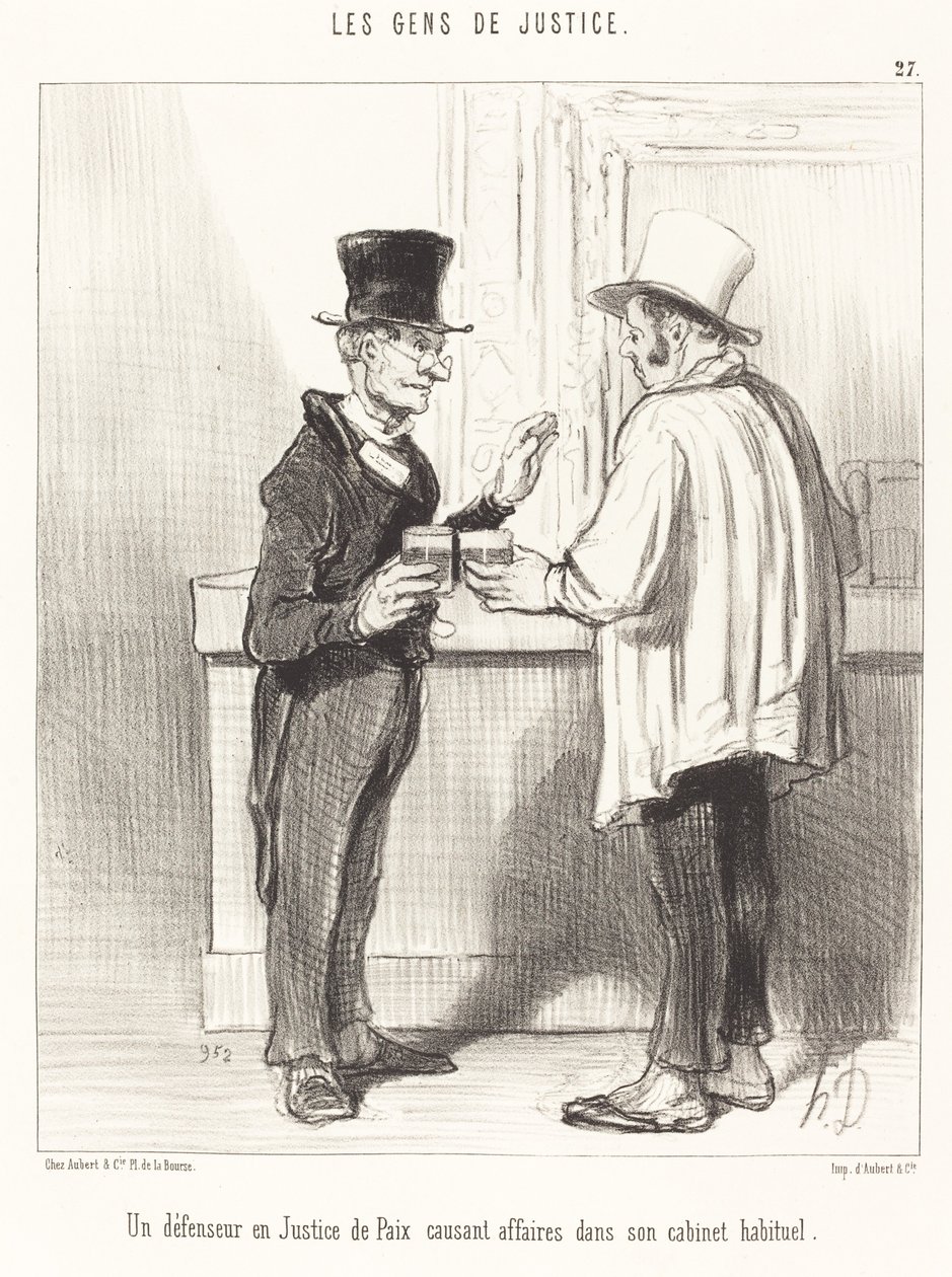 En försvarare... chattar... på sitt vanliga kontor av Honoré Daumier