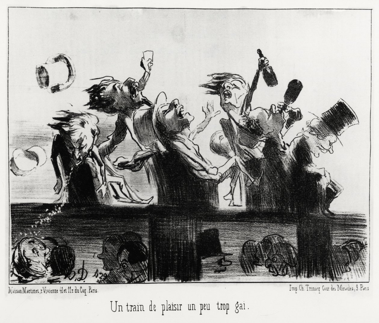 Ett lite för muntert nöjetåg, i serien Les chemins de fer, illustration av Honore Daumier (1808-1879), publicerad i "Charivari", daterad 20 augusti 1852. av Honoré Daumier