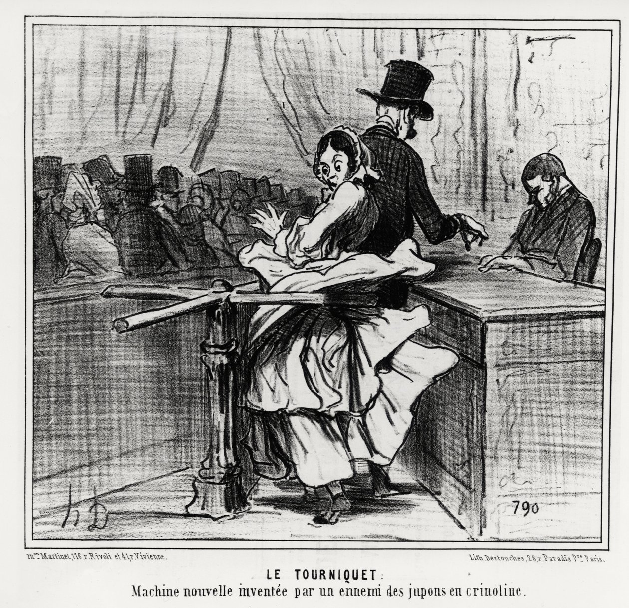 Universell utställning: vändkorset: en ny maskin uppfunnen av en fiende till krinolinska underkjolar. Illustration av Honore Daumier (1808-1879), publicerad i tidningen Charivari den 26 juni 1855. av Honoré Daumier