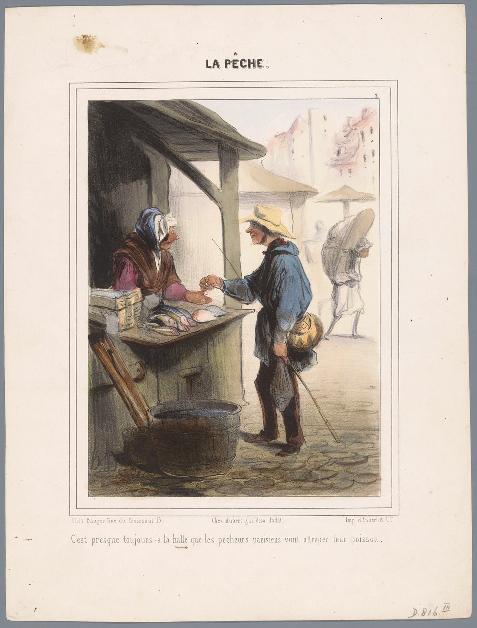 Visser koopt vis in de markthal Det finns nästan alltid på marknaden (...) (titel på objekt) Vissers (serietitel) Fiske (serietitel på objekt) av Honoré Daumier