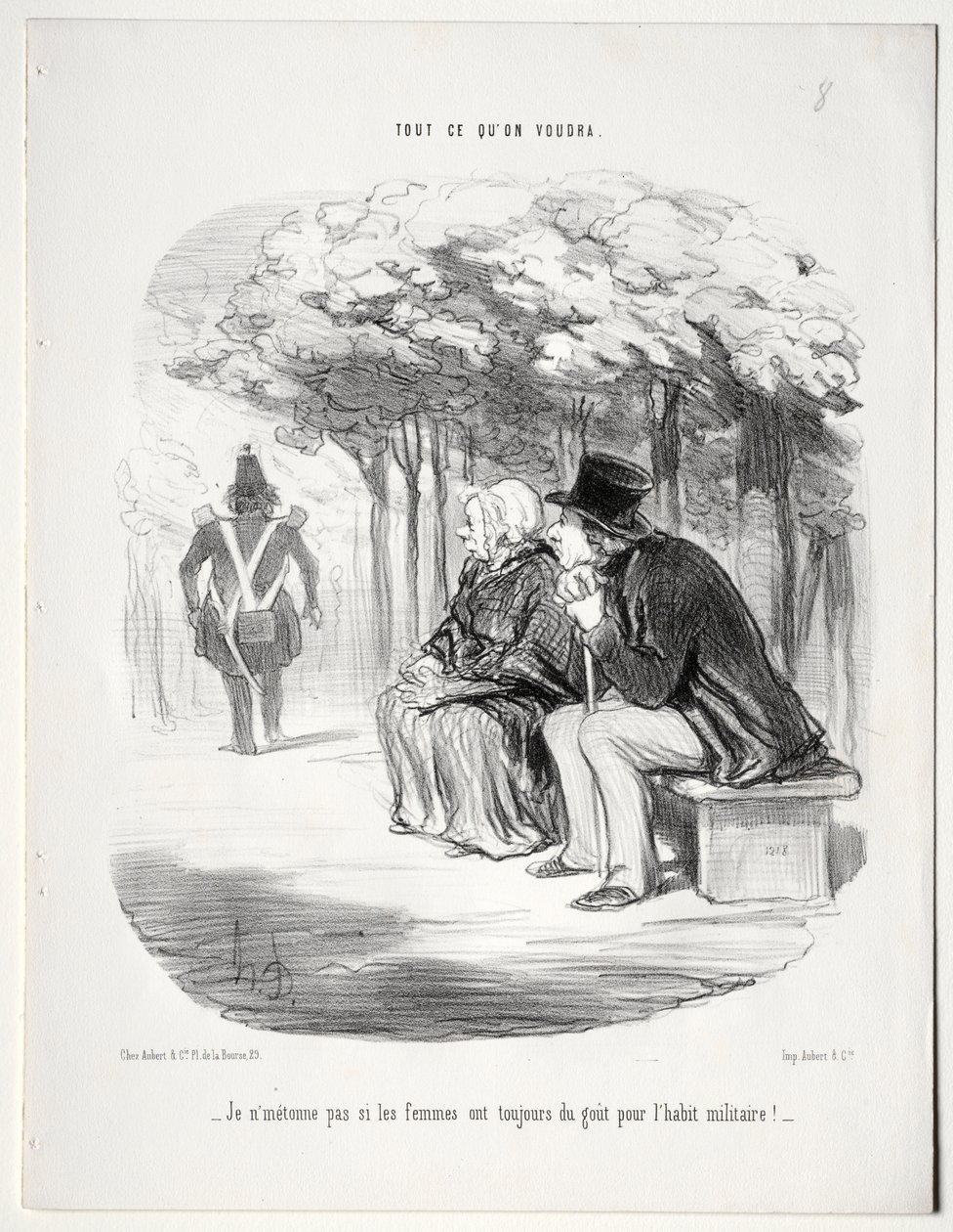 Vad du vill, skylt 51: Jag undrar inte att kvinnor alltid är förtjusta i militäruniformen? av Honoré Daumier
