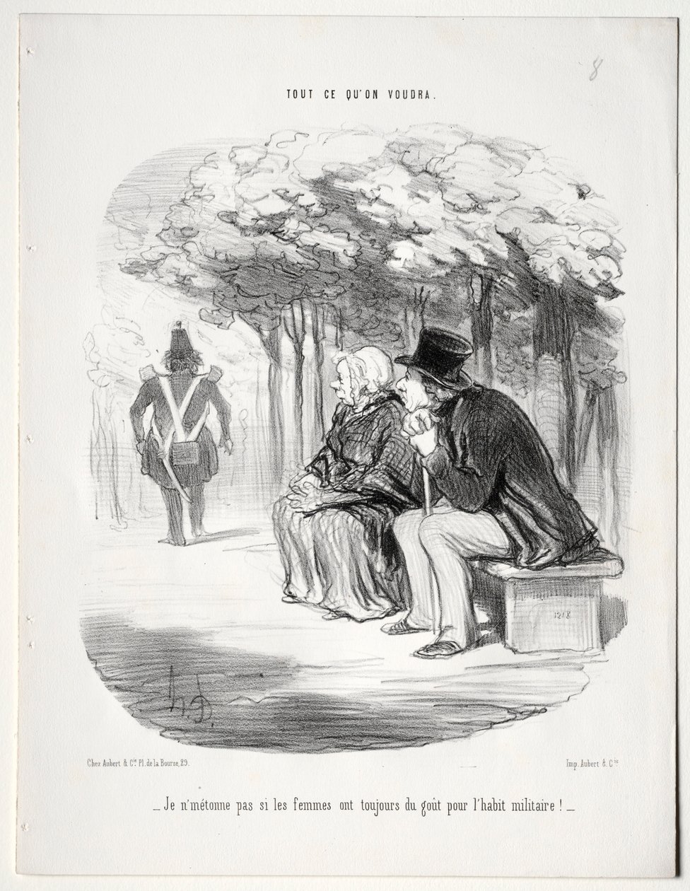 Vad du vill, skylt 51: Jag undrar inte över att kvinnor alltid är förtjusta i militäruniformen, 1848. av Honoré Daumier