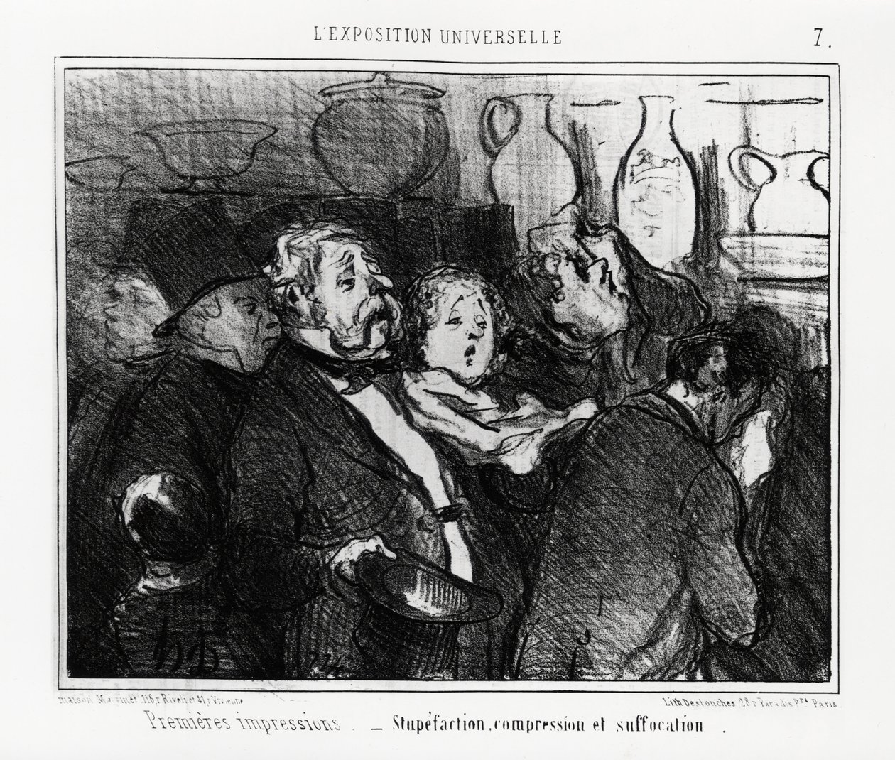 Världsutställning: första intryck: bedövning, kompression och kvävning. Illustration av Honore Daumier (1808-1879), publicerad i nyheterna, "" Charivari", daterad 24 maj 1855. av Honoré Daumier