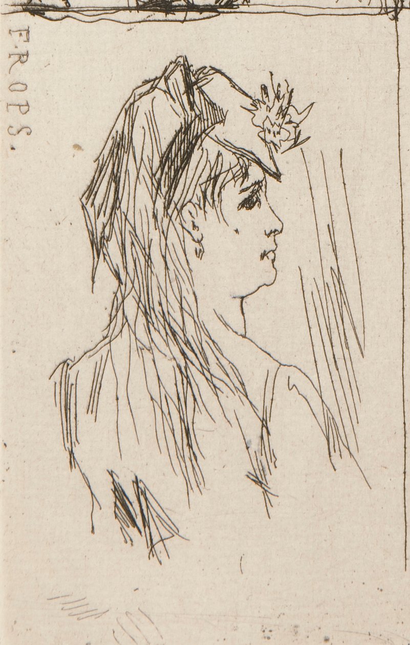 a. Head of an Old Man av Daumier (överst till vänster); b. Chez Charles Beriot av Taiee (överst i mitten); c. Chef för en ung kvinna av Rops (överst till höger); d. Flodlandskap vid Harpignies (nederst i mitten); e. Profil av en ung kvinna av Honoré Daumier