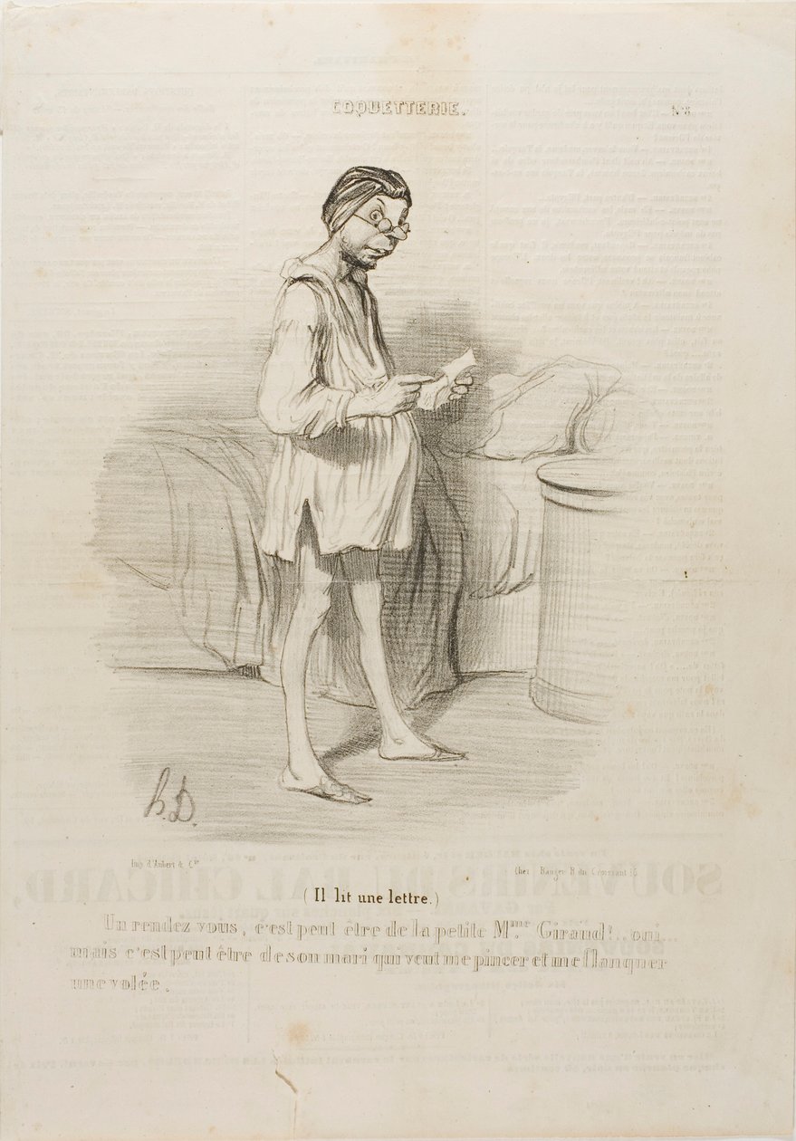 (Han läser ett brev) "Ett datum, kan det vara från den söta Mme Giraud Ja, men det kan också komma från hennes man som vill nypa mig...", plansch 8 från Coquetterie av Honoré Victorin Daumier