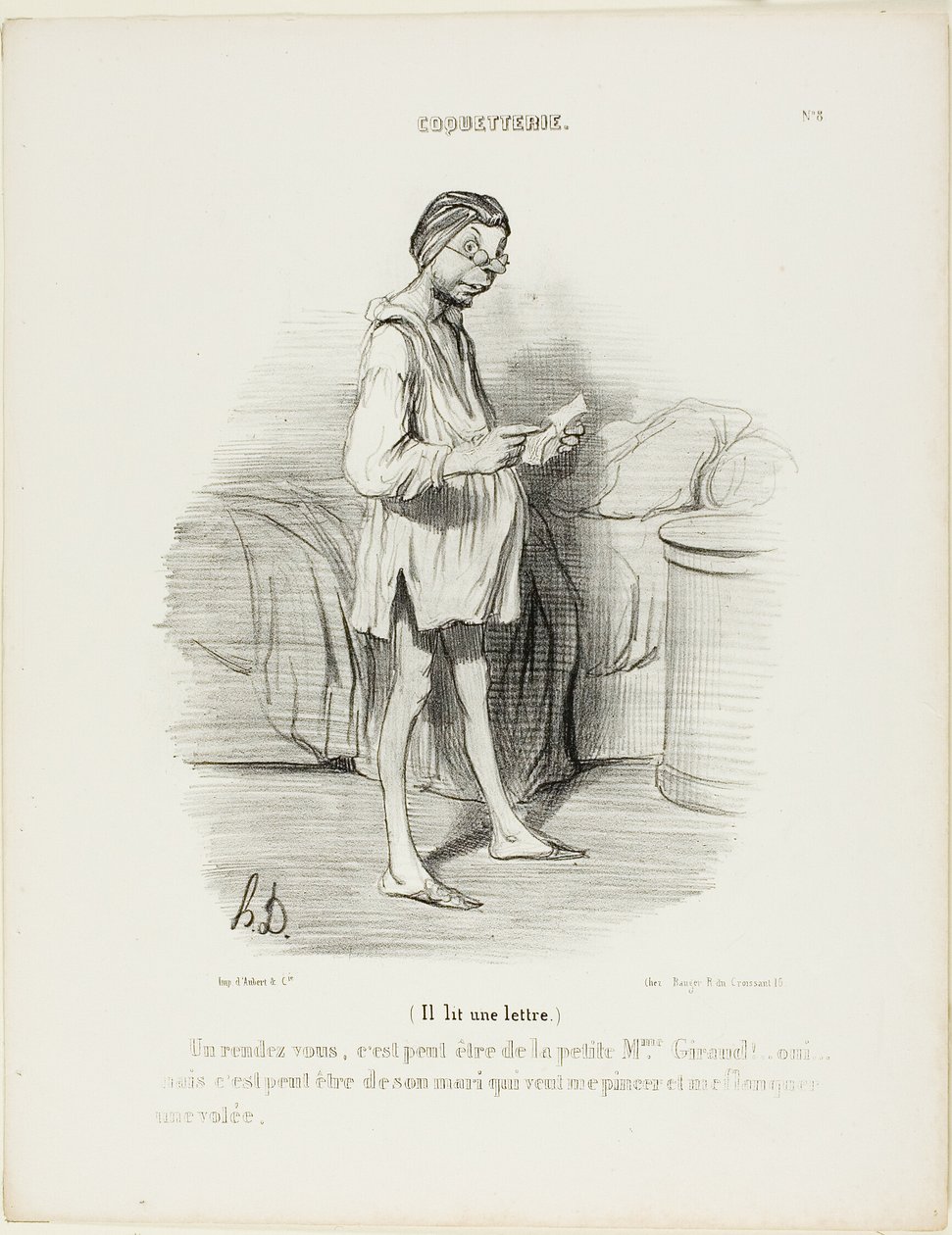 (Han läser ett brev) "Ett datum, kan det vara från den söta Mme Giraud Ja, men det kan också komma från hennes man som vill nypa mig...", plansch 8 från Coquetterie av Honoré Victorin Daumier