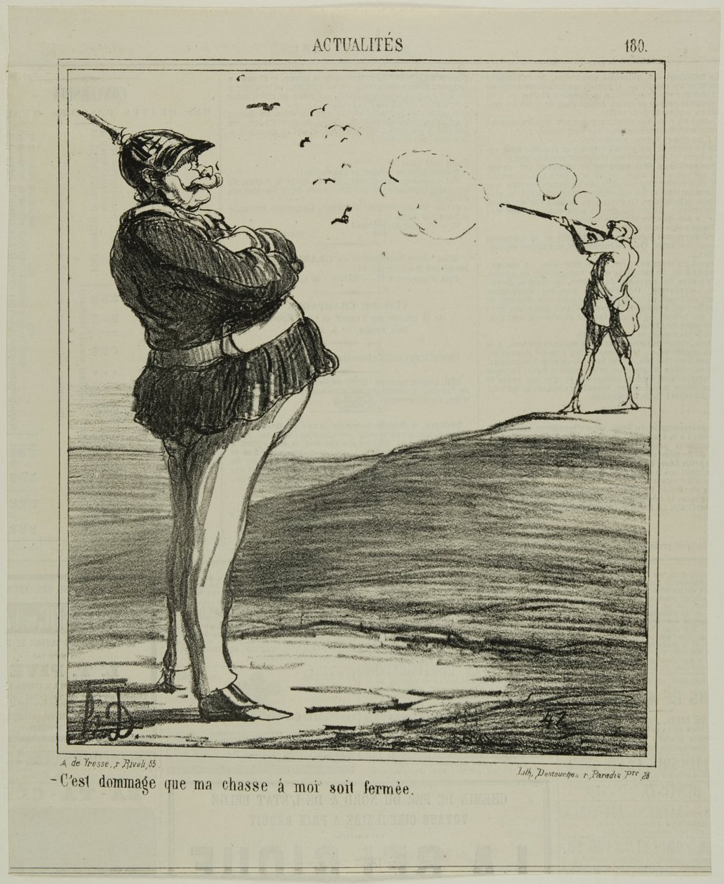 "-Vad synd att jag inte får gå ut och jaga", platta 180 från Actualitiés av Honoré Victorin Daumier