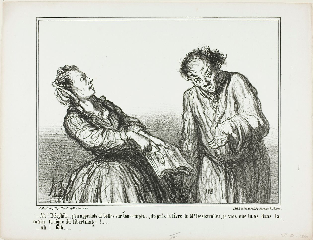 "- Ah, Théophile, vilka hemska saker jag läser om dig. Enligt Desbarolles bok kan jag säga att du har en libertiners linjer i din handflata!... - Nåja...", plansch 1 ur Ces Bons Parisiens av Honoré Victorin Daumier