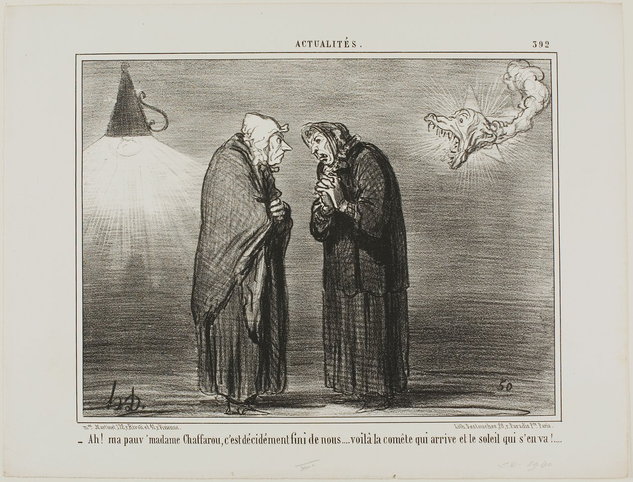 "- Ah, min kära Madame Chaffarou ... detta måste verkligen vara slutet ... kometen kommer och solen går," plansch 392 från Actualités av Honoré Victorin Daumier