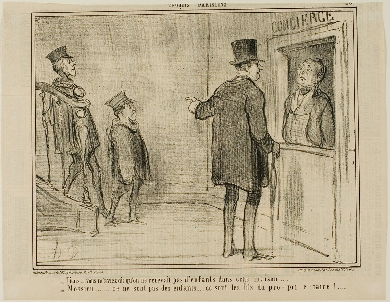 "- Men ni sa att barn inte är tillåtna i det här huset... - Sir, det här är inga barn... det är ägarens söner!...", plansch 23 från Croquis Parisiens, - par Daumier av Honoré Victorin Daumier