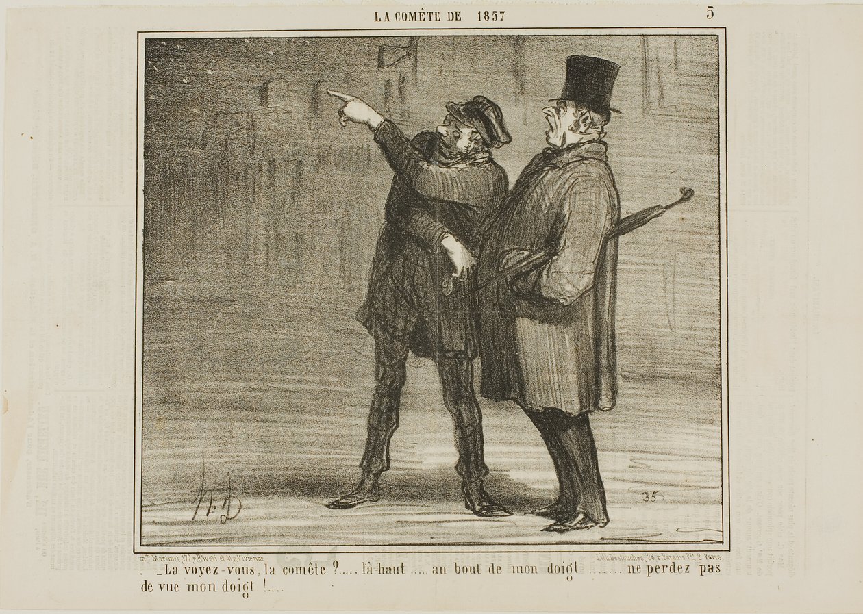 "- Kan du se kometen ... precis där, vid min fingertopp ... tappa inte bort min fingertopp!", plansch 5 från La Comète De 1857 av Honoré Victorin Daumier