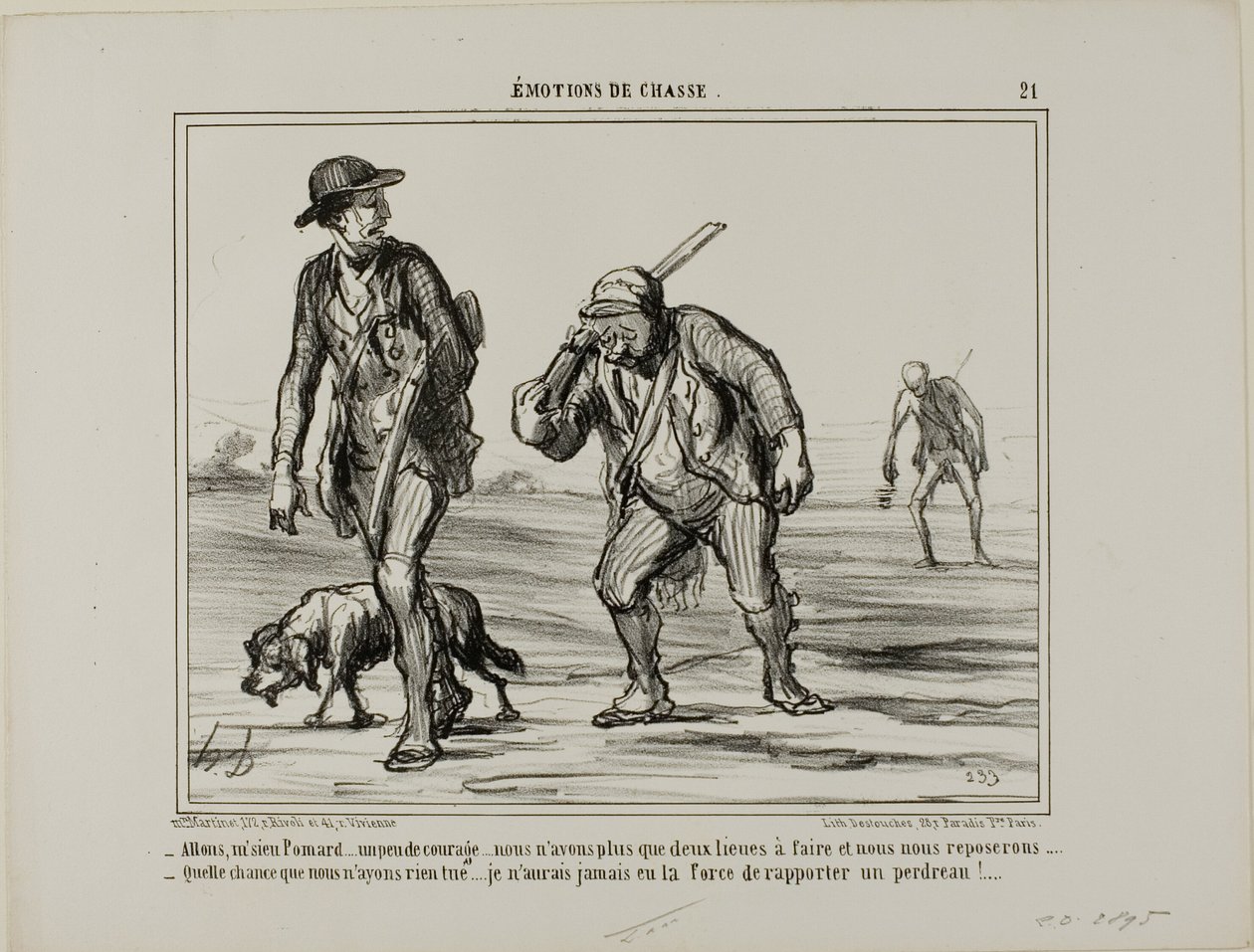 "- Kom, kom, herr Pomard... håll humöret uppe... bara två mil till så kan vi vila... - Vilken tur, vi fick inte med oss något... Jag skulle inte ens orka bära en rapphöna", plansch 21 från Émotions De Chasse av Honoré Victorin Daumier