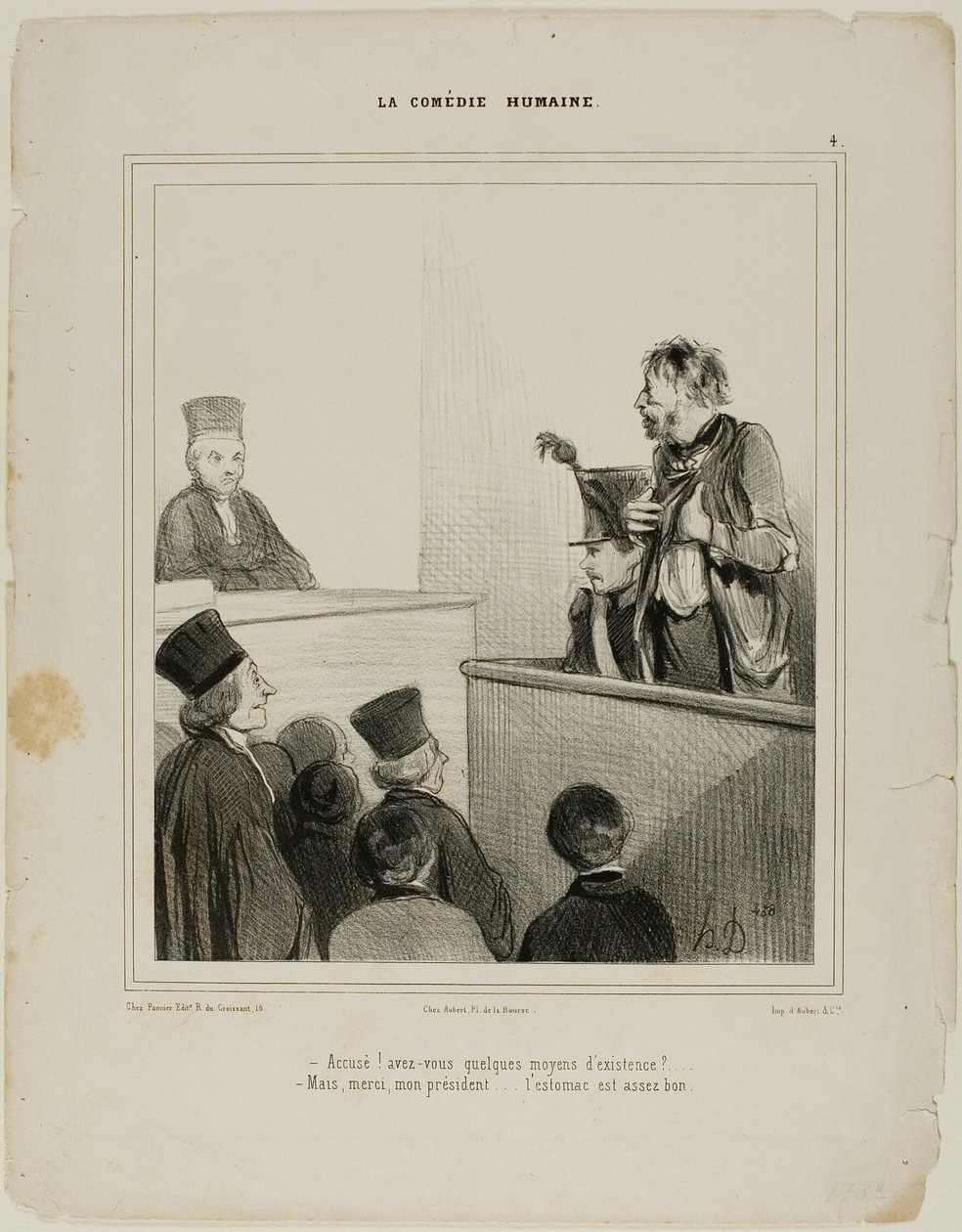 "- Svarande! Har du några medel att leva på - Tack, herr president. .... Jag har en ganska bra mage", plansch 4 La Comédie Humaine av Honoré Victorin Daumier